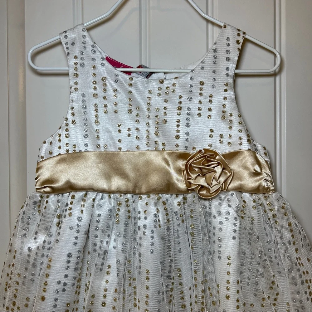 Pinky White and Gold Glittery Tulle Dress Rose Detail Toddler‎ Girl 4T